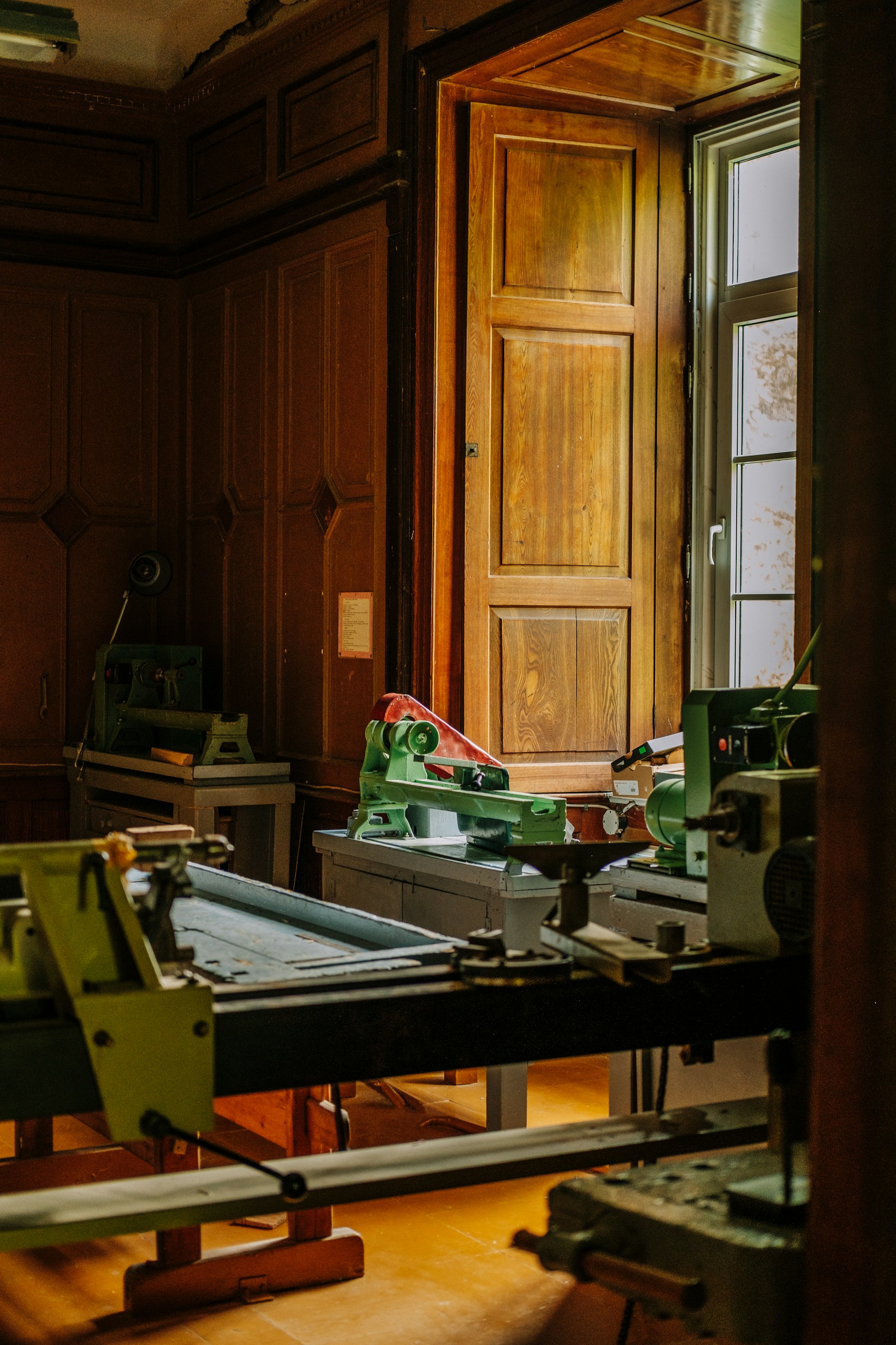 Cabinetmaking workshop with wood panels